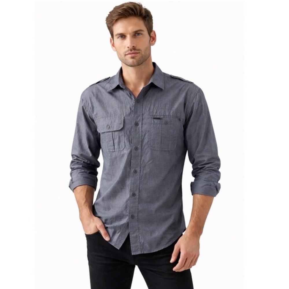 Marc Ecko Cut & Sew Blue Cotton Long Sleeve Utility Button Down Shirt XL 77-17
